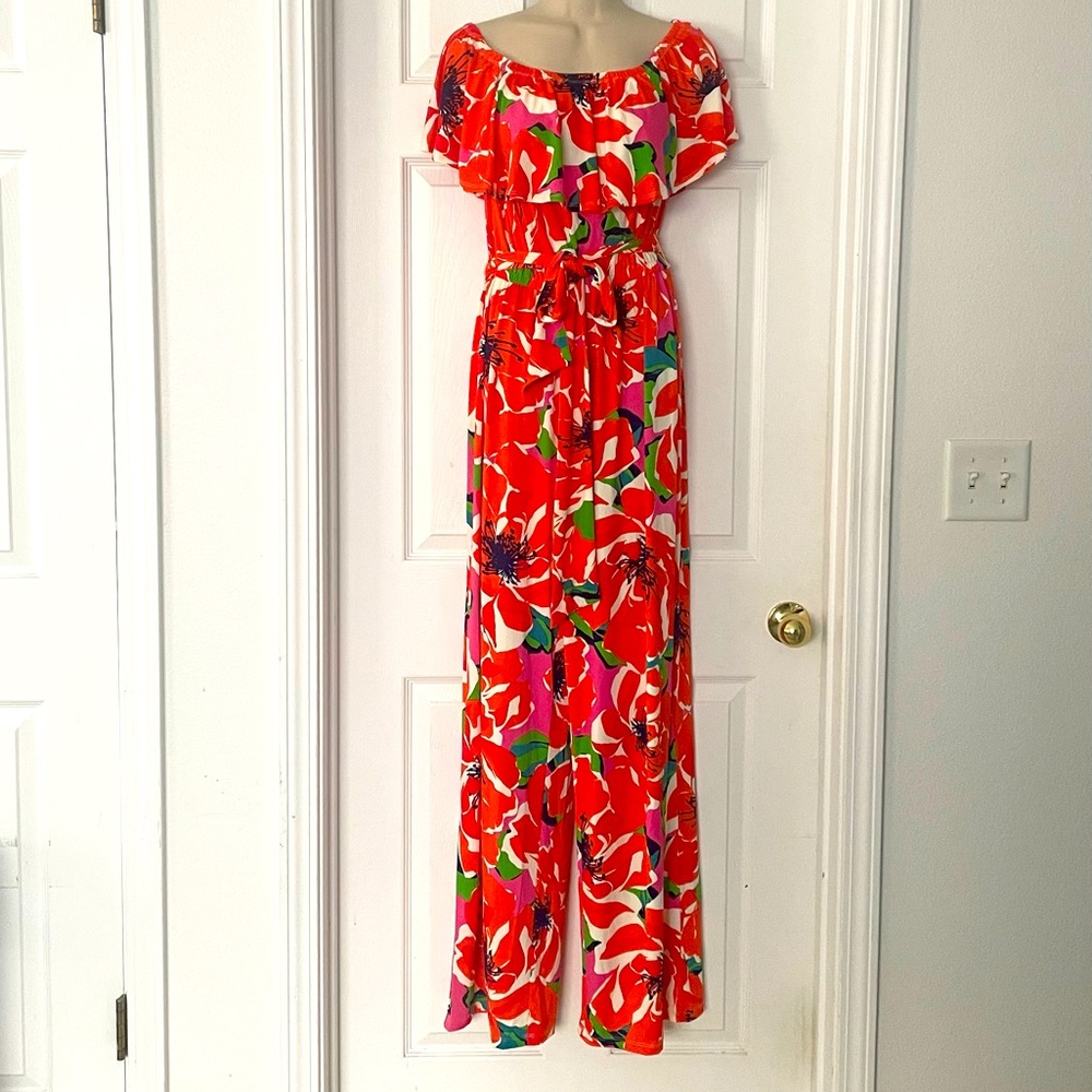 Trina Turk Red Floral Off-Shoulder Maxi Jumpsuit